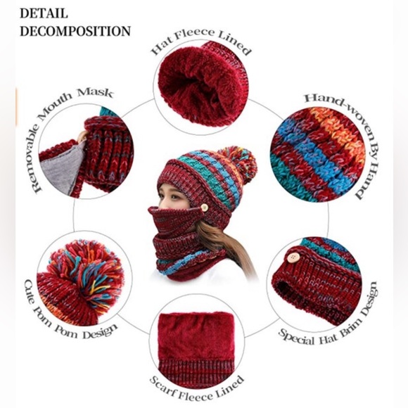 Women Winter Warm Red Hat with Face mask covering Beanie Knit Scarf Cover NEW OS - Picture 6 of 12